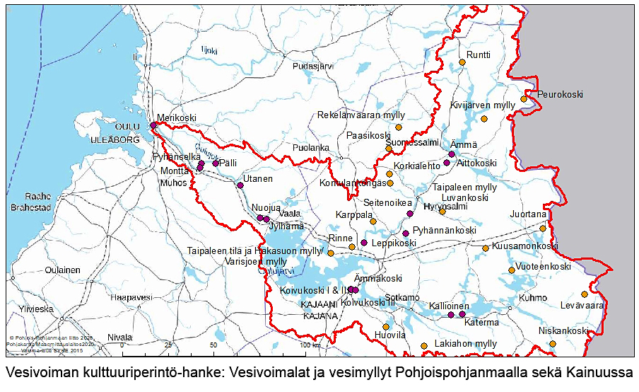 Oulujoen vesistöreitillä sijaitsevat voimalaitokset ja puromyllyt. 