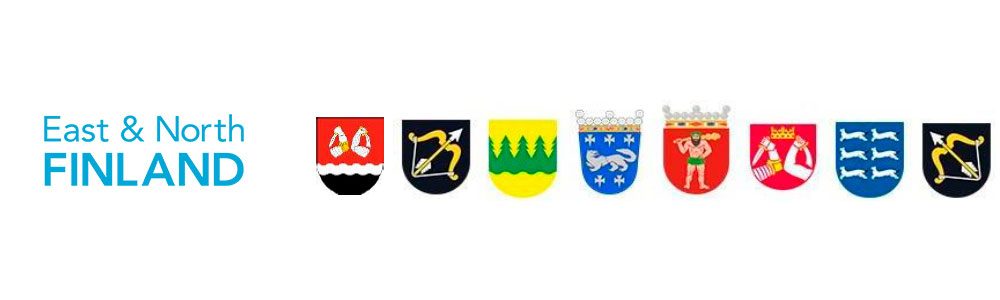 Itä-ja Pohjois-Suomen EU-toimiston logo ja Itä- ja Pohjois-Suomen maakuntien vaakunat