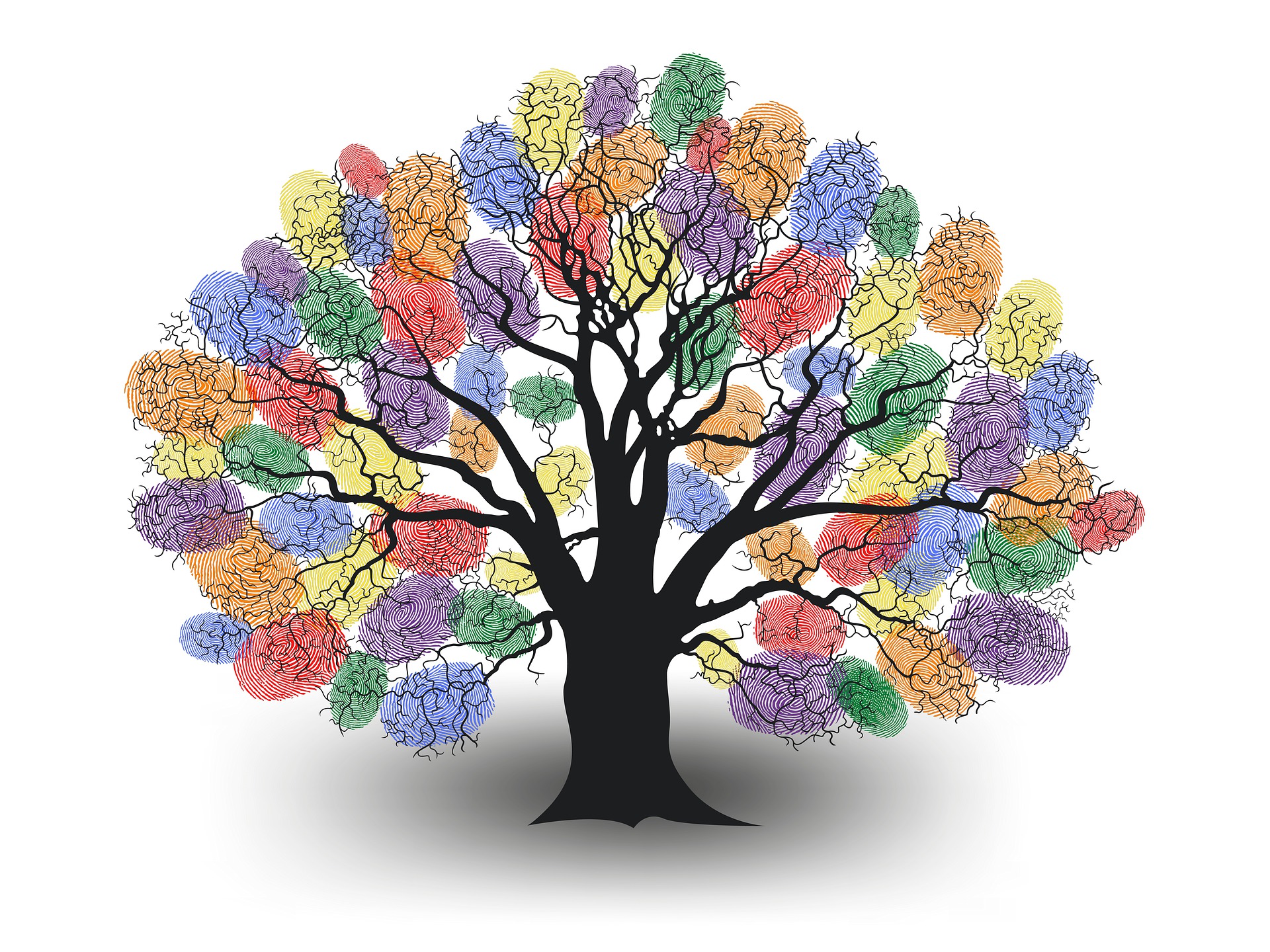 Piirroskuvassa puu, jonka lehvästö muodostuu värikkäistä sirmenjäljistä.