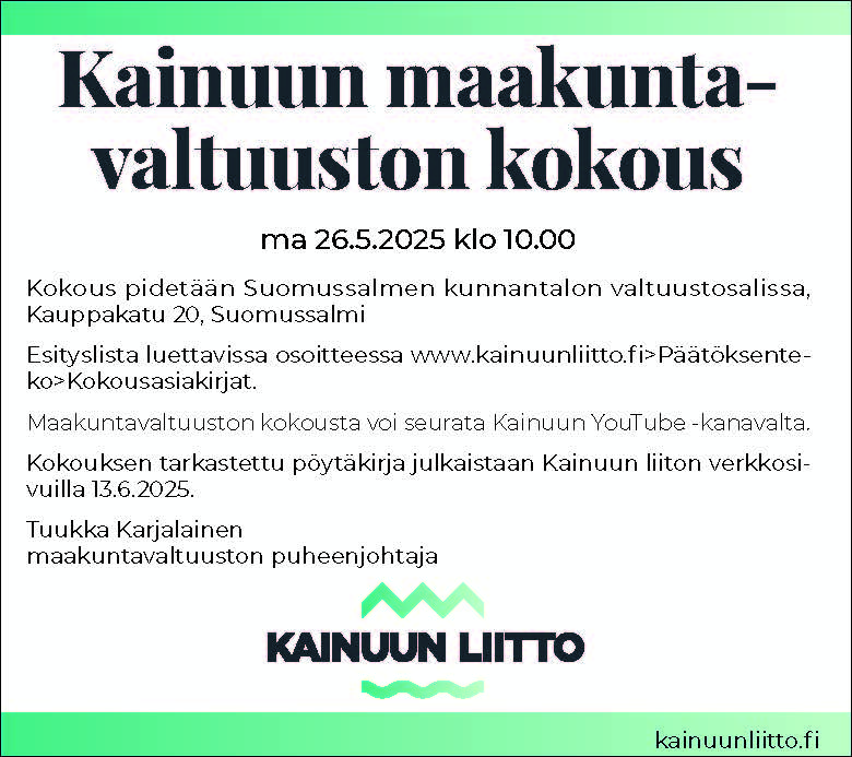 Kainuun maakuntavaltuuston kokouskutsu, jonka teksti on tällä sivulla. 
