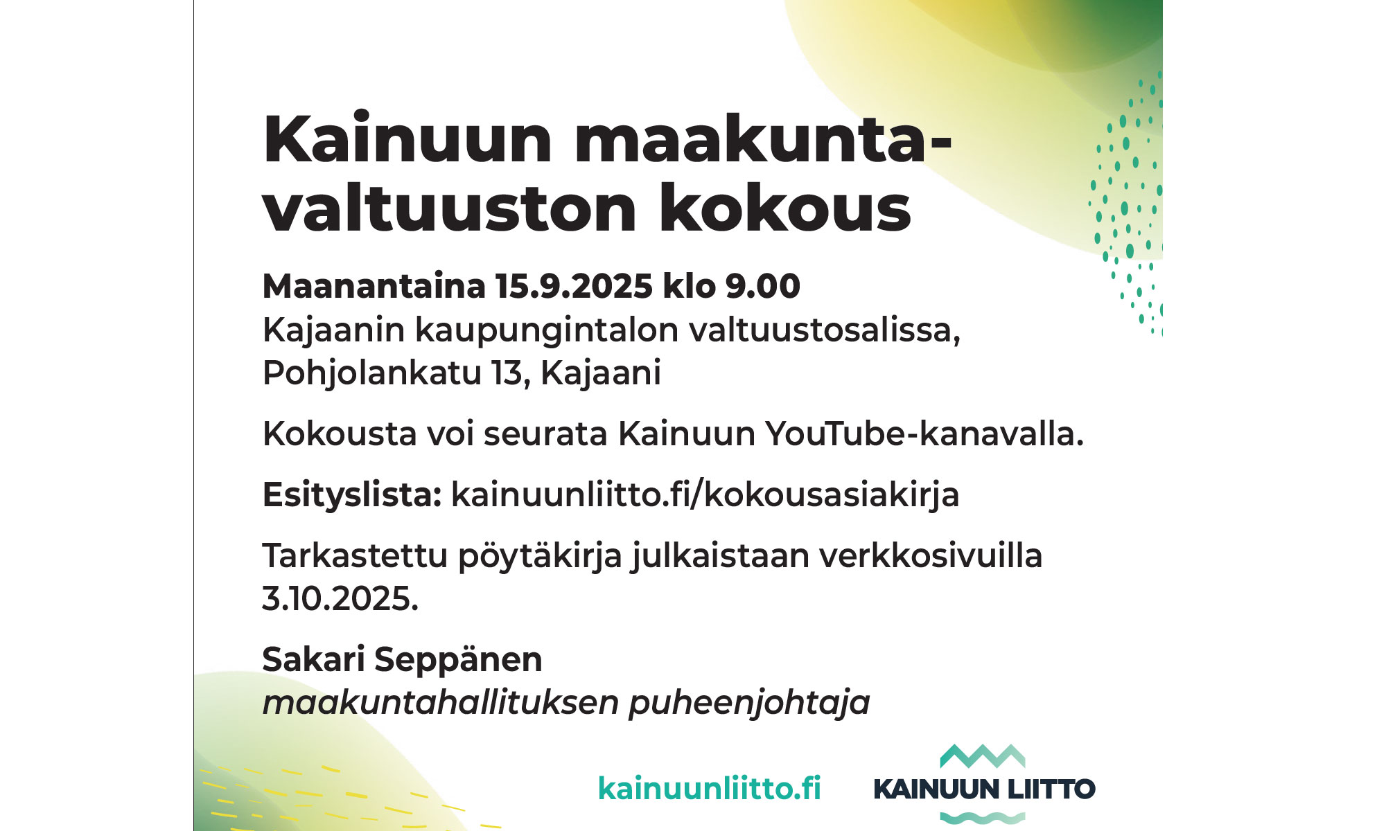 Kainuun maakuntavaltuuston kokouskuulutus 16.9.2025