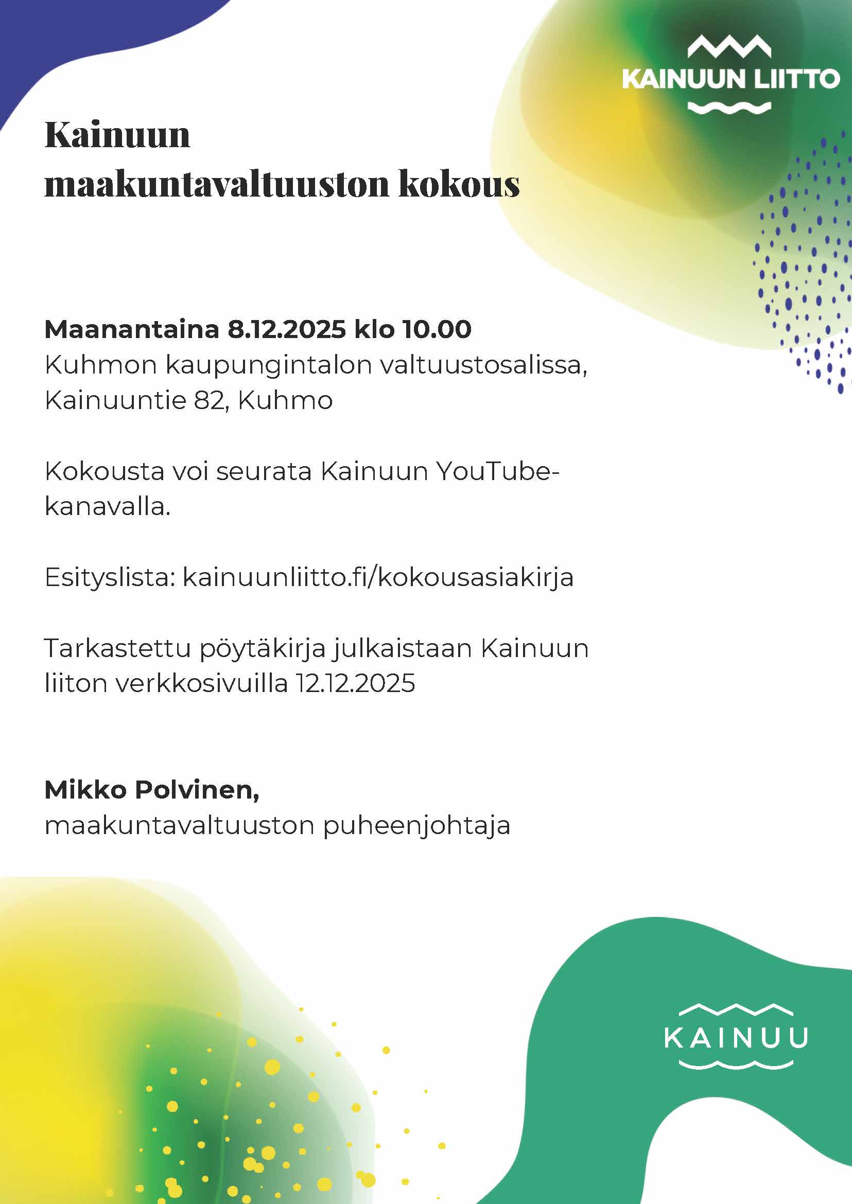 Kuulutus Kainuun maakuntavaltuuston kokouksesta 8.12.2025